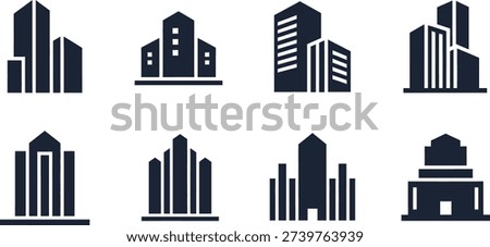 Eight dark blue building icons with white details