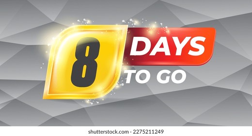 Ocho días para la plantilla de diseño de banner horizontal de cuenta regresiva. 8 días para ir a la venta banner de anuncio, etiqueta, pegatina, icono, afiche y volante.
