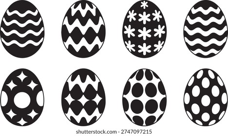 Eight decorated Easter eggs with different black and white patterns on a plain white background