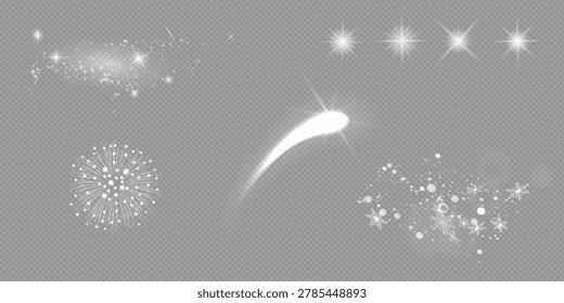 Eight decorative elements are presented on a transparent background, creating an atmosphere of magic, celebration, and winter radiance. Each can be used to decorate cards, banners, illustrations, or digital scenes.