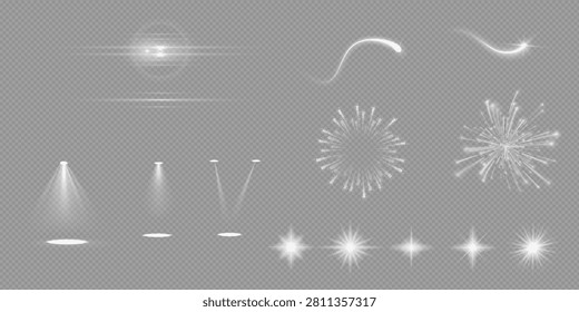 Eight decorative elements are presented on a transparent background, creating an atmosphere of magic, celebration, and winter radiance. Each can be used to decorate cards, banners, illustrations, or digital scenes.