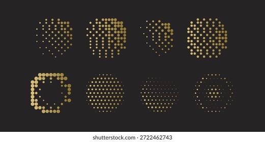 Ocho círculos decorativos de medio tono y Formas abstractas. Cuenta con varios patrones de puntos con un efecto de degradado de oro de lujo. Elementos de Vector para Diseño gráfico moderno, marca tecnológica, diseños premium y fondos minimalistas creativos. Puntos geométricos de alta calidad para arte digital y materiales de impresión de lujo