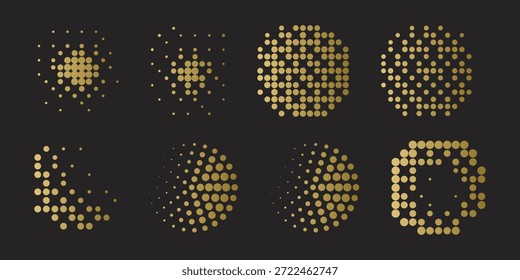 Ocho círculos decorativos de medio tono y Formas abstractas. Cuenta con varios patrones de puntos con un efecto de degradado de oro de lujo. Elementos de Vector para Diseño gráfico moderno, marca tecnológica, diseños premium y fondos minimalistas creativos. Puntos geométricos de alta calidad para arte digital y materiales de impresión de lujo