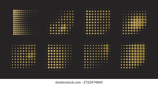 Ocho Formas decorativas de medio tono y Elementos geométricos abstractos aislados sobre un fondo oscuro. Cuenta con varios patrones de puntos con cuadrado utilizando un efecto de gradiente de oro. Elementos de Vector para Diseño gráfico moderno, diseños de Web premium, marca tecnológica y fondos minimalistas creativos. Texturas punteadas de alta calidad para arte digital y materiales de impresión de lujo