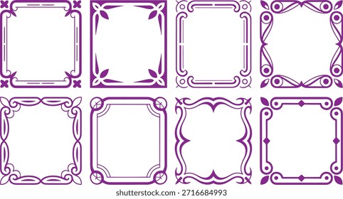 Ocho marcos cuadrados púrpura decorativos con intrincados patrones florales y geométricos