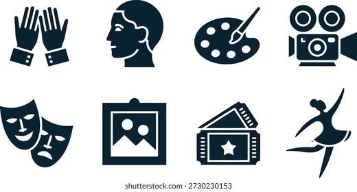 Eight deep blue icons on white represent various artistic disciplines, including ballet, film, painting, and dramatic theater, with unique stylistic touches.