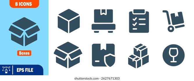 Acht Lieferung und Versand Icons Boxen, Paket, Checkliste, Handwagen, zerbrechlich