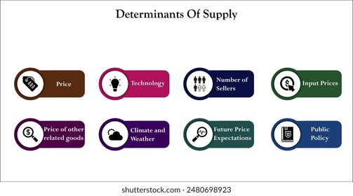 Ocho determinantes de la oferta. Plantilla infográfica con iconos y marcador de posición de descripción