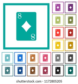 Eight of diamonds card flat color icons with quadrant frames on white background