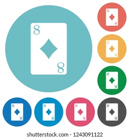 Eight of diamonds card flat white icons on round color backgrounds