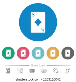 Eight of diamonds card flat white icons on round color backgrounds. 6 bonus icons included.