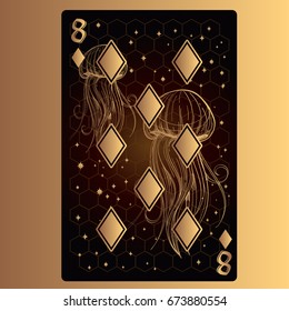 Eight of diamonds. Playing card with original design on the theme of space.