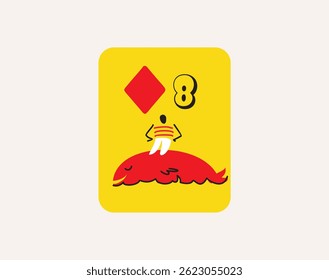 eight of diamonds. Stylized Vector Vintage and comic style playing card with number, yellow background, The whale and the man  