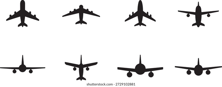 Oito silhuetas de avião diferentes em várias orientações sobre fundo branco