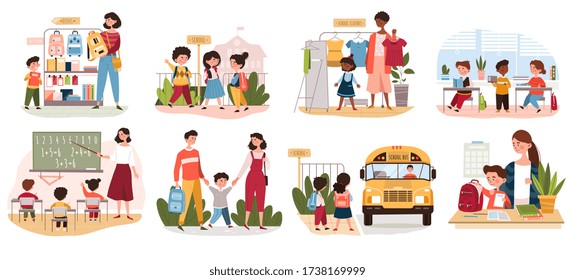 Eight different back to School scenarios showing parents, school kids, teachers, classroom and the school bus, colored vector illustration