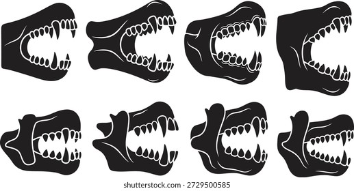 Oito ilustrações de silhueta preta diferentes de bocas abertas com dentes afiados em um fundo branco