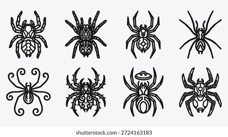 Ocho ilustraciones diferentes de araña negra en varios estilos decorativos