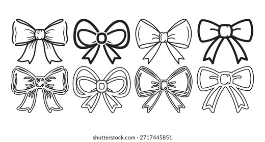 Oito desenhos de arco diferentes em contornos preto e branco
