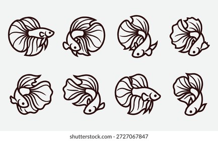 Ocho ilustraciones de arte de línea marrón diferentes de peces betta nadando en varias direcciones