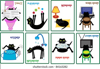 eight different cards with funny motives of cat at home, toilet,playroom,bedroom,work room,kitchen,bathroom,dining room,living room,color stickers on door