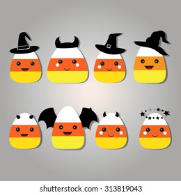 Eight different cartoon candy corn Halloween costumes Candy Corn in Halloween costumes graphics. Candy Corn Cartoon Character. Vector Illustration Isolated. Cartoon illustration of a candy corn. 
