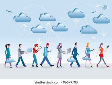 Eight different characters, men and women, access the data in the Internet cloud with different mobile devices (mobile, laptop, tablet) as they walk and are in motion.