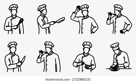 Eight different chef line icons in various poses with kitchen utensils and actions in a simple modern style
