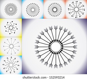 eight different circular concept design vector illustration art of arrows of different styles with different pointer heads and tails