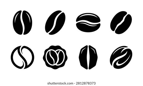 Eight different coffee bean shapes illustrated in black and white on transparent background
