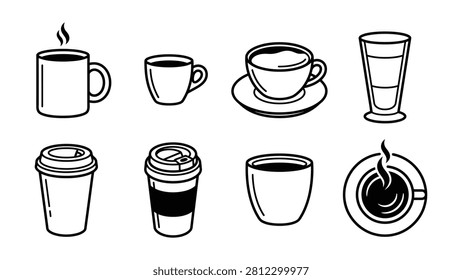 Eight different coffee drink containers including mugs cups saucers and iced coffee glasses
