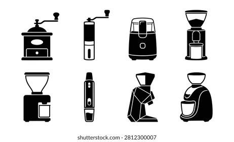 Eight different coffee makers and grinders depicted with transparent background line icons