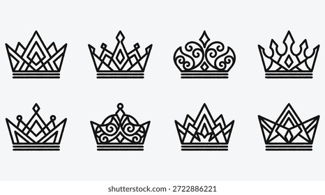 Ocho diseños de corona diferentes en negro sobre un fondo gris claro para conceptos de Regalías o nobleza
