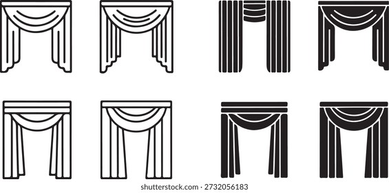 Oito diferentes estilos de cortina ícone isolado no fundo branco, ilustração