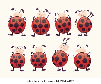 Eight different cute ladybugs with different facial expressions, showing closed wings. Vector art good for topics like kids books,  kids games, animation, and mobile games and apps.