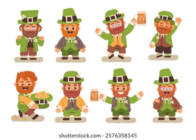 Eight different cute leprechauns on isolated background. Set of happy fantasy characters