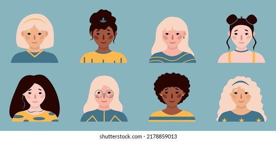 Eight different girls portraits. Set of vector hand drawn flat colourful illustrations