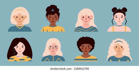 Eight different girls portraits. Set of vector hand drawn flat colourful illustrations