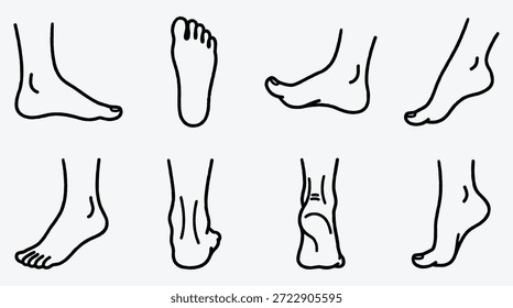 Ocho ilustraciones diferentes de pies y tobillos humanos en varias posiciones y ángulos vistas laterales y frontales