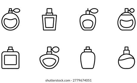 Eight different perfume bottle icons in black lines on white background