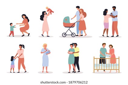 Eight different scenes depicting Motherhood showing parents with babies and mothers with kids, set of flat vector illustrations isolated on white background