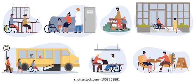 Eight different scenes of disabled or handicapped people using wheelchairs, canes or crutches at different activities, set of flat cartoon colored vector illustrations isolated on white background