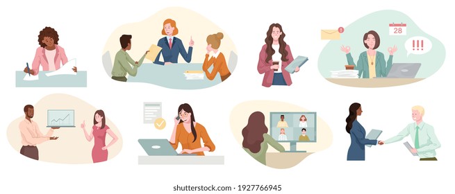 Eight different scenes showing a successful businesswoman at work with handshake, yoga relaxation, in a meeting, boss, teamwork and creative editing, set of isolated cartoon flat vector illustrations