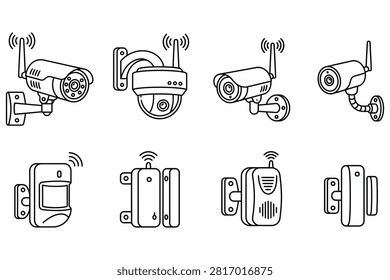 Eight different security gadgets like cameras and sensors illustrated in line art style