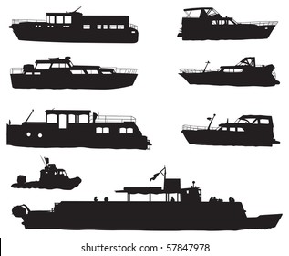 Eight different ship silhouettes isolated on white background. Vector illustration.