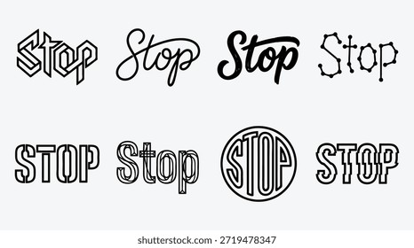 Oito estilos de texto de sinal de parada diferentes e designs em preto em cinza claro