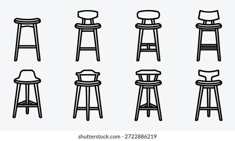 Oito tipos diferentes de banquetas de barra com vários desenhos e encostos em um estilo de desenho de linha simples em um fundo cinza claro
