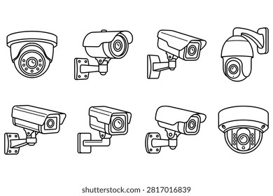 Eight different types of surveillance cameras shown in line drawing style