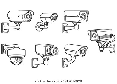 Eight different types of surveillance cameras displayed with transparent backgrounds