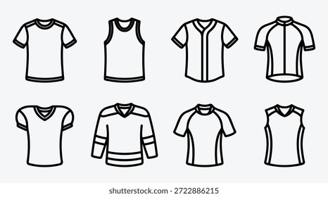 Acht verschiedene Arten von Shirts und Tops im einfachen Line Art Stil für Design- und Illustrationszwecke verschiedene Ärmellängen und Ausschnitte