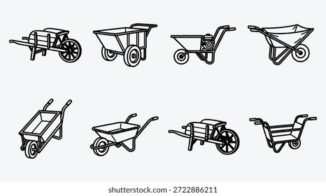 Ocho diseños diferentes de carretillas con una o dos ruedas para transportar y transportar cargas pesadas en varias Configuraciones, sitios de construcción y jardinería